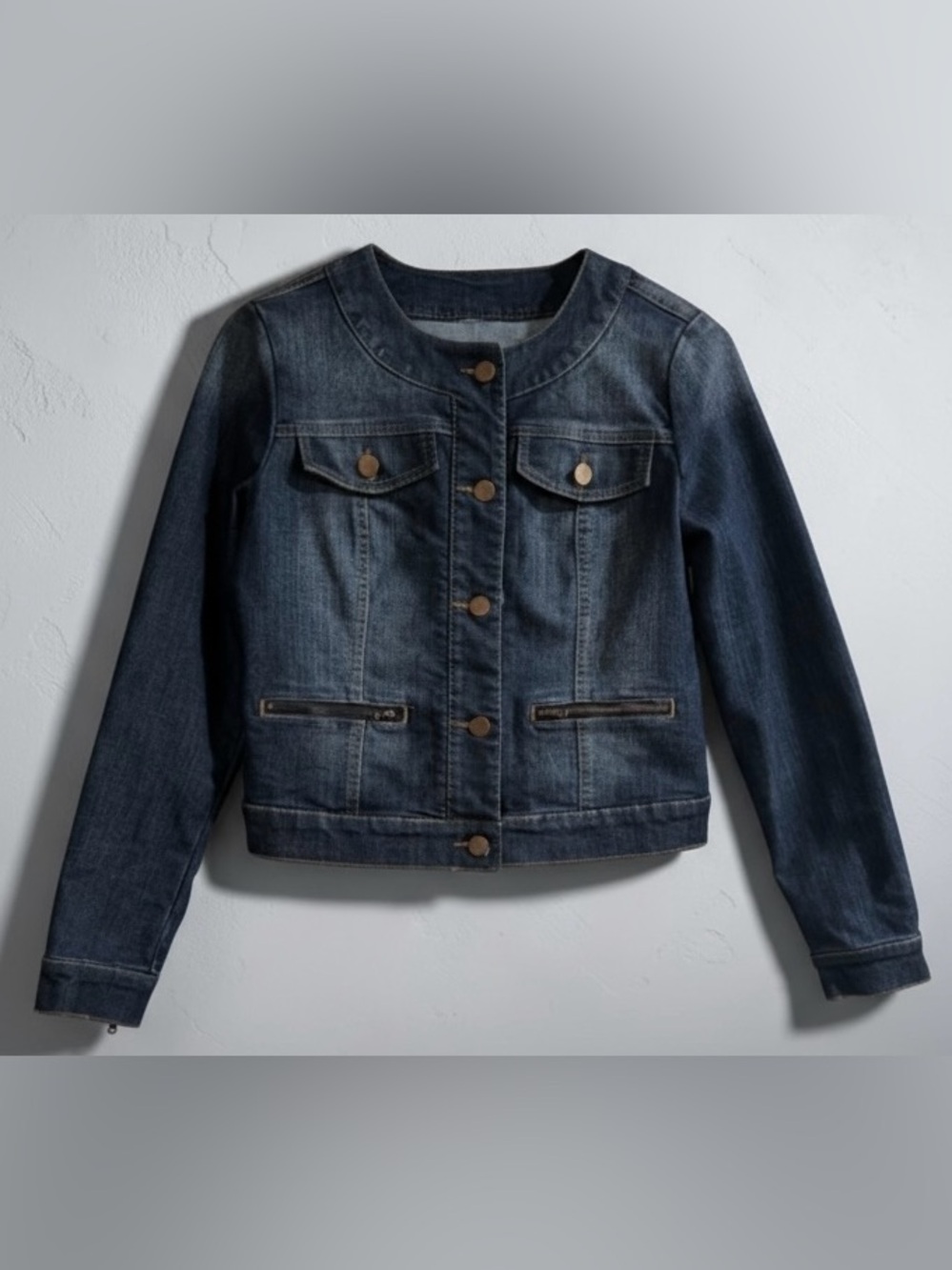 New York & Co Cropped Denim Jacket XS Vintage Y2K Fitted Zip Pocket